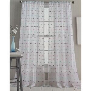 NEW DKNY Window Rod Pocket Panel Pastels Pom Pom White Sheer 84" 2PC Curtain